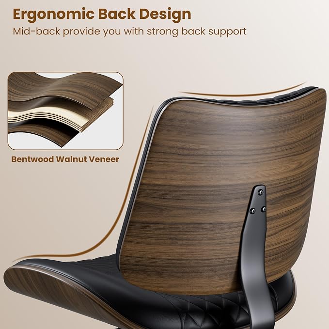 REONEY Home Armless Office Chair Set of 2, Modern Walnut Desk Chair with Wheels, Adjustable Swivel Rolling Task Chair with Curved Back for Reading,Meeting Room, Black