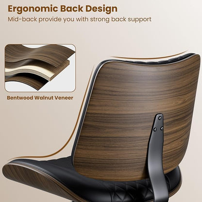 REONEY Home Armless Office Chair with Wheels, Modern Walnut Armless Desk Chair, Adjustable Swivel Rolling Task Chair with Curved Back for Small Space, Reading, Meeting Room, Black