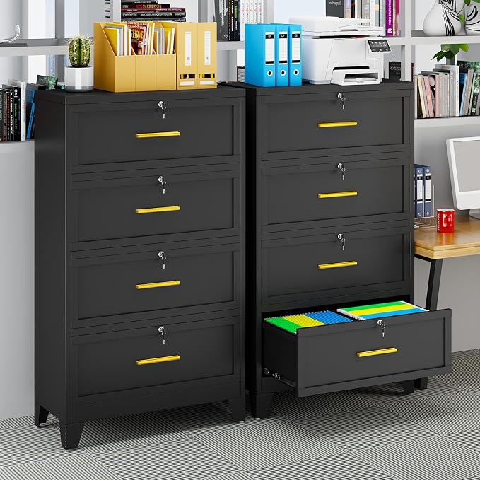 erosoei 4 Drawer File Cabinet with Lock, Metal Lateral File Cabinets for Home Office, Steel Wide Filing Organization Storage Cabinets, Home Office Furniture for Hanging Files Letter/Legal/F4/A4 Size