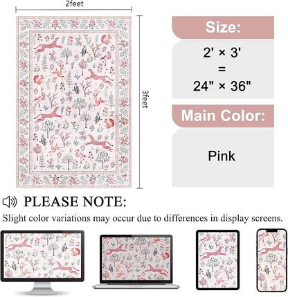 DUKINO 2x3 Rug, Washable Animal Rugs for Entryway, Non Slip Indoor Door Mat, Soft Low Pile Small Area Carpet for Entrance, Bedroom, Kitchen, Laundry, Bathroom, Pink