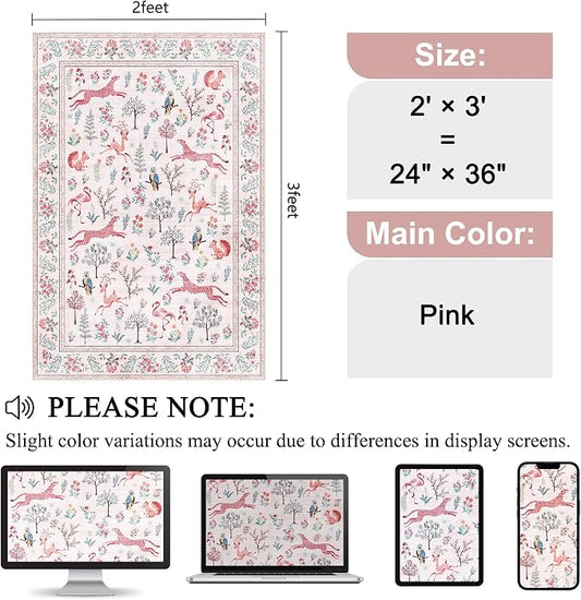 DUKINO 2x3 Rug, Washable Animal Rugs for Entryway, Non Slip Indoor Door Mat, Soft Low Pile Small Area Carpet for Entrance, Bedroom, Kitchen, Laundry, Bathroom, Pink