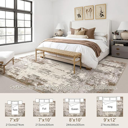 UERMEI 9x12 Washable Area Rug - Neutral Modern Abstract Living Room Rugs, Non-Slip Soft Large Indoor Floor Carpet for Bedroom Home Office & Under Dining Table Decor, Brown/Grey/Beige