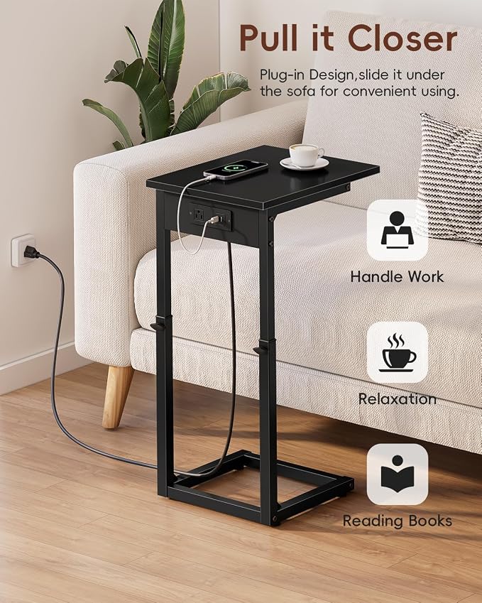 Vagusicc C Shaped End Table with Charging Station, 33"Tall C-Table End Table Adjustable Height Side Table for Couch, Couch Table That Slide Under Sofa Table TV Tray Table for Living Room,Bedroom,Black