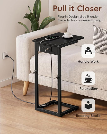 Vagusicc C Shaped End Table with Charging Station, 33"Tall C-Table End Table Adjustable Height Side Table for Couch, Couch Table That Slide Under Sofa Table TV Tray Table for Living Room,Bedroom,Black
