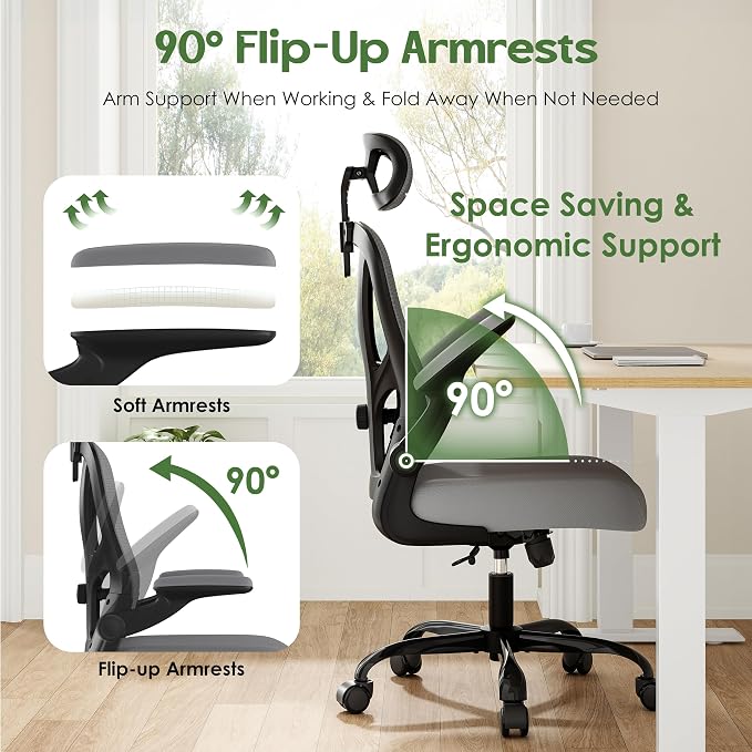 Office Chair Ergonomic Desk Chair - Mesh High Back Office Chair with Headrests Wheels Lumbar Support Home Desk Office Chairs Flip up Armrest Executive Rolling Computer Chair Black Gray