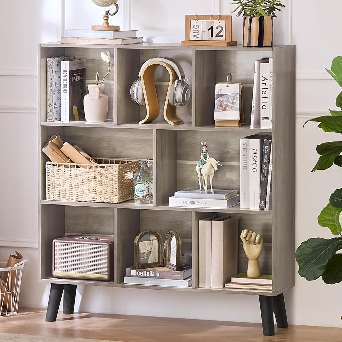 LEYAOYAO 8 Cube Bookshelf,3 Tier Bookcase with Legs,Modern Grey Mid-Century Bookshelves,Large Farmhouse Open Storage Organizer Shelf, Retro Wooden Display Book Case for Bedroom,Living Room,Office