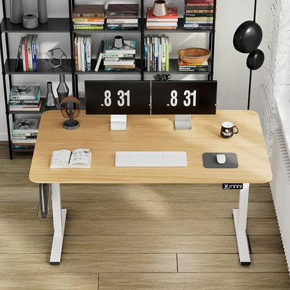 YESHOMY Height Adjustable Electric Standing Desk, 55 inch Computer Table, Home Office Workstation, White Leg/Natural Top