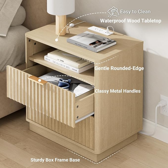 Fluted Nightstand, Night Stand Set 2, 23" Wide Nightstands Set of 2 with Charging Station, 2 Drawers Large End Table w/Storage, Modern Bedside Table for Bedroom, Curved Corners, Natural Oak