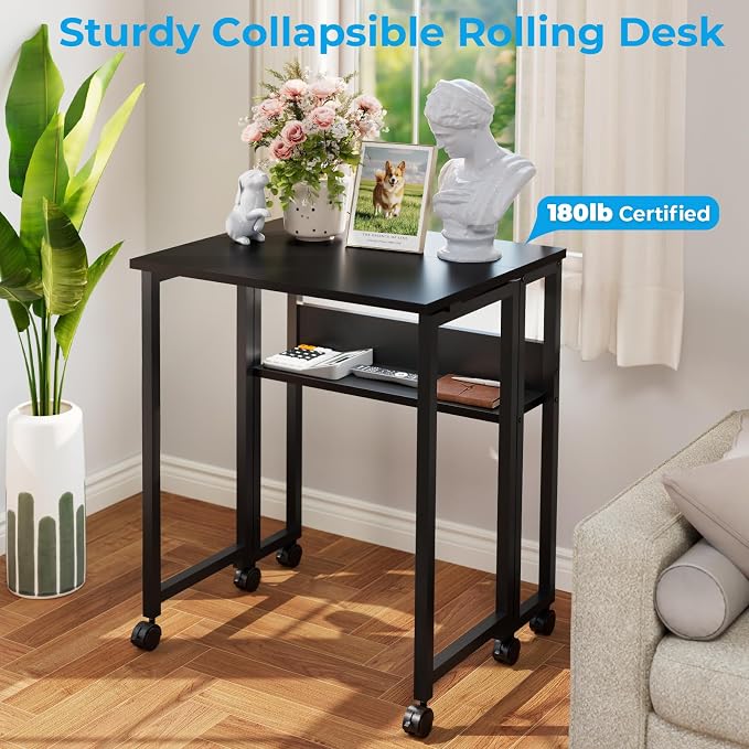 GreenForest Folding Desk with Wheels, 24.8 Inch Compact Rolling Computer Table with Storage Shelf, Portable Mobile Workstation for Small Spaces, Easy Assembly, Black