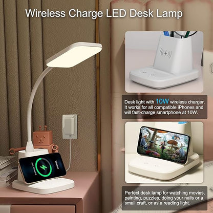Upgraded LED Desk Lamp with Wireless Charger, White Small Desk Light with Pen Holder, 3 Color Modes, CRI 85, 800 Lumen, Study Lamps for College Dorm Room, Home Office, Adapter Included