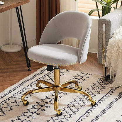 VINGLI Stylish Vanity Chair with Back, Girl Desk Chair with Silent Wheels and Velvet, Grey