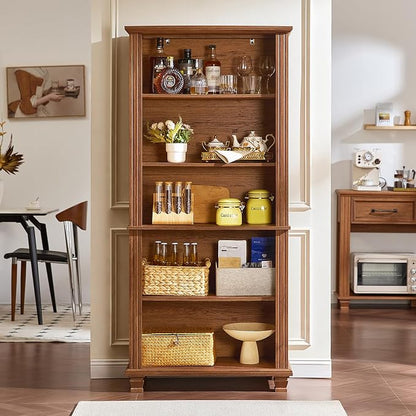 SAVOR LIFE 70" Tall Brown Bookshelf,5 Tier Wooden Book Shelf with Adjustable Shelves & Wood Legs,Free Standing Farmhouse Bookcase with Open Display Storage,Vintage Bookshelves for Classroom, 2PCS