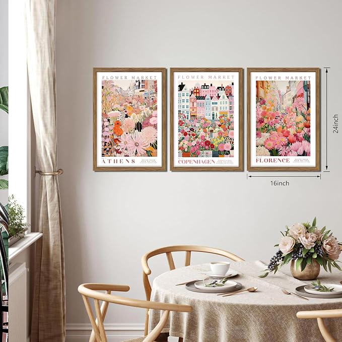 Floral Wall Art Set of 3, Colorful Flower Market Canvas Wall Decor Paintings, Pink Wildflower Botanical Posters Prints Pictures Artwork for Bedroom Living Room 16x24 Inch Wood Framed