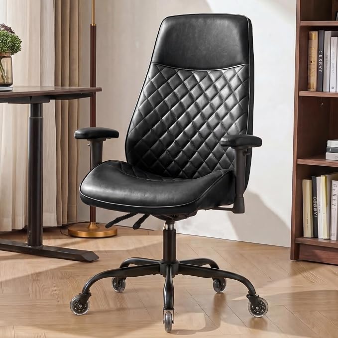 NEO CHAIR Ergonomic Leather Office Desk Chair with Adjustable Height Armrests High Back Lumbar Support Swivel Executive Computer Chair with Wheels Comfy Home Office Chair for Adults (Black)
