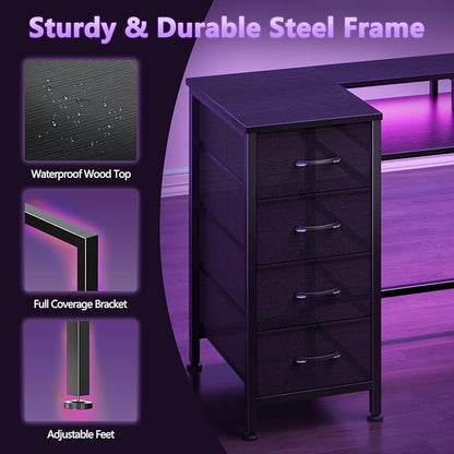 Korfile 61 Inch Computer Gaming Desk with Power Outlets & LED Lights Reversible Home Office Desk with Adjustable 5 Fabric Storage Drawers for Working Writing Study, Black