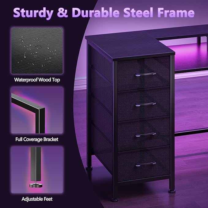 Korfile 47 Inch Gaming Desk with Power Outlets and LED Lights, Reversible Computer Desk with 5 Fabric Storage Drawers, Home Office Desk with Monitor Stand for Working Writing Study, Black