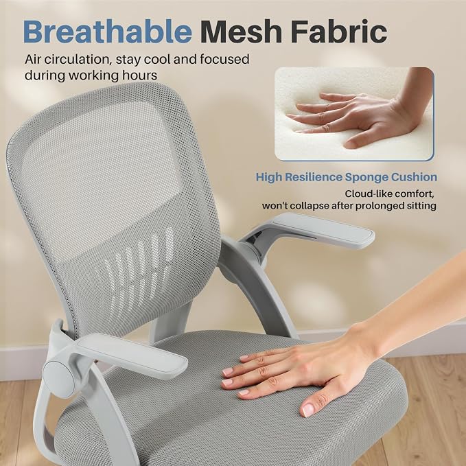 DUMOS Home Office Computer Chair - Ergonomic Mid Back Desk with Lumbar Support and Rocking Mode, Height Adjustable with Flip-up Armrest, for Conference Meeting Room, 360° Swivel, Adults, Grey