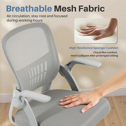 DUMOS Home Office Computer Chair - Ergonomic Mid Back Desk with Lumbar Support and Rocking Mode, Height Adjustable with Flip-up Armrest, for Conference Meeting Room, 360° Swivel, Adults, Grey