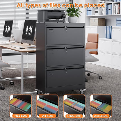 Aobabo 3 Drawer Lateral File Cabinet with Wheels, Lockable Metal Filing Cabinet for Home Office, Legal/Letter Size,Black,Required Assembled
