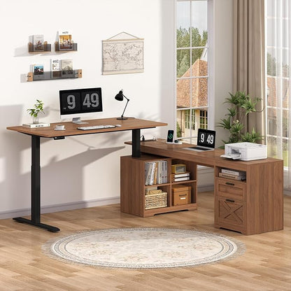 YOMILUVE Farmhouse L Shaped Standing Desk, 66 inch Corner Electric Standing Desk with Drawers ＆ Storage Shelves, Height Adjustable Computer Desk with Power Outlets for Home Office (Brown)