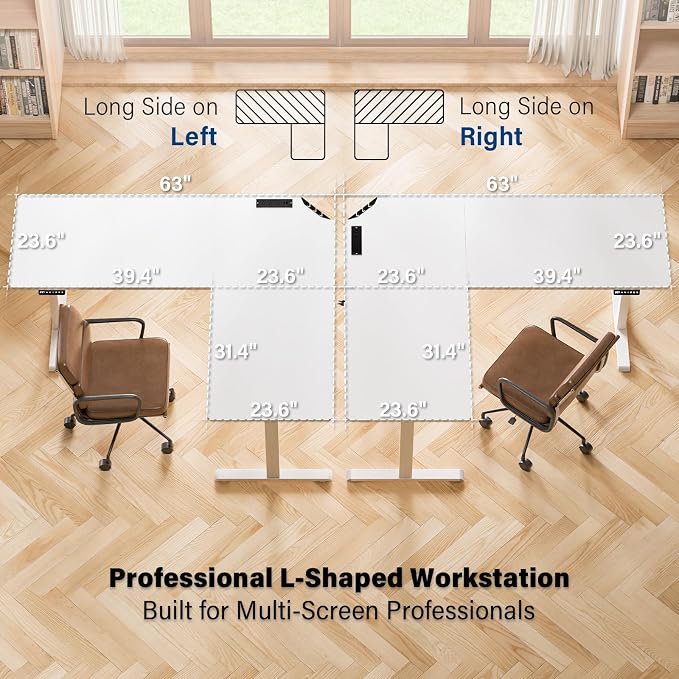 63 x 55 inch L-Shaped Standing Desk, Corner Computer Desk, Electric Standing Desk Adjustable Height, Sit to Stand Ergonomic Workstation for Home Office, White