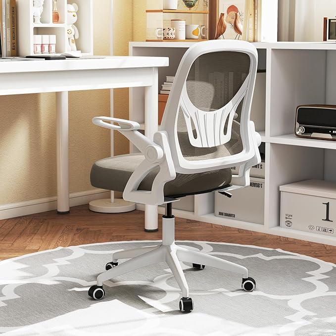 Giantex Mesh Office Chair, Ergonomic Desk Chair with Flip-up Arms & Lumbar Support, Height Adjustable Swivel Computer Desk Chair with High Back for Home Office (Khaki)