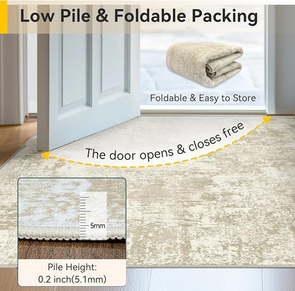 RELEANY Washable Area Rugs 5'x7' Non-Slip Modern Abstract Soft for Living Room Entryway Bedroom Kitchen, Print Pattern, Beige Cream Brown