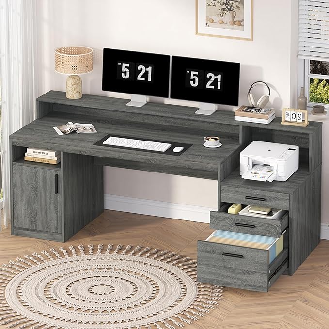YOMILUVE Executive Computer Desk with 3 Drawers & Storage Shelves, 65 Inch Home Office Desk with File Drawer & Cabinet, Writing Study Desks with Monitor Stand & Printer Shelf, Dark Grey