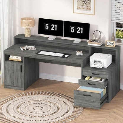 YOMILUVE Executive Computer Desk with 3 Drawers & Storage Shelves, 65 Inch Home Office Desk with File Drawer & Cabinet, Writing Study Desks with Monitor Stand & Printer Shelf, Dark Grey