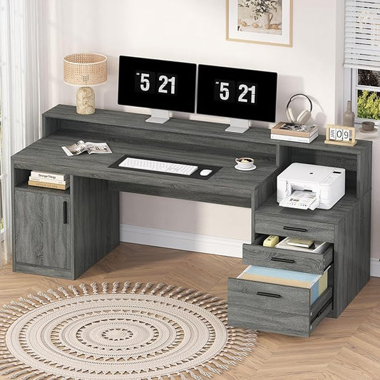 YOMILUVE Executive Computer Desk with 3 Drawers & Storage Shelves, 65 Inch Home Office Desk with File Drawer & Cabinet, Writing Study Desks with Monitor Stand & Printer Shelf, Dark Grey