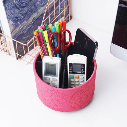 Round Leather Art Supply Organizer,Remote Control Holder,360 Degree Spinning,Multi-Functional Pencil Holder,4 Compartments Desktop Stationary Organizer(1-Lace Flower Rose Red)