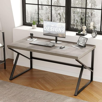 HSH Gray Computer Desk, Industrial Wood and Metal Home Office Desk, Farmhouse Rustic PC Laptop Desk for Executive Work Writing Study Gaming, Modern Simple Bedroom Computer Table, Light Grey Oak, 55 In