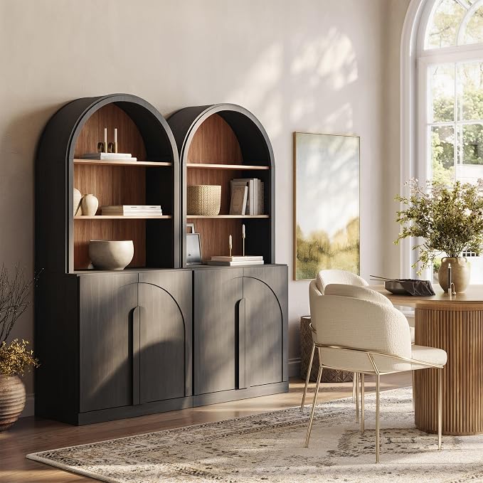 BELLEZE Set of 2 71"Tall Storage Cabinet with Arched Hutch, Wooden Sideboard Buffet Cabinet with Adjustable Shelves for Pantry Organizing, 5-Tier Modern Storage Unit for Living Room Home Office, Ebony