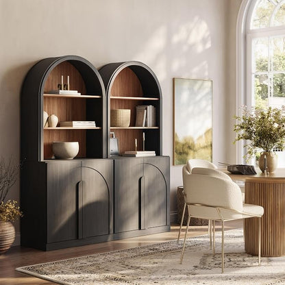 BELLEZE Set of 2 71"Tall Storage Cabinet with Arched Hutch, Wooden Sideboard Buffet Cabinet with Adjustable Shelves for Pantry Organizing, 5-Tier Modern Storage Unit for Living Room Home Office, Ebony