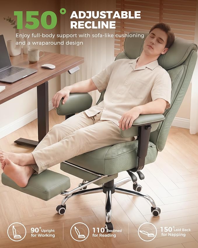 GTPLAYER Big and Tall Office Chair, High Back Computer Gaming Chair with Ergonomic Lumbar Support &Pocket Spring Cushion for Lower Back Pain Relief, Leather Executive Chair with Foot Rest, Green