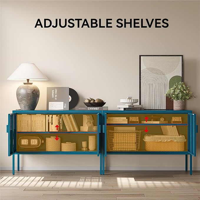 COFaR TV Stand for TVs up to 75 Inch, 40 Inch Media Console with Ventilation Doors, Metal Entertainment Center with Adjustable Shelves & 120Lbs Storage for Living Room & Bedroom, Peacock Blue