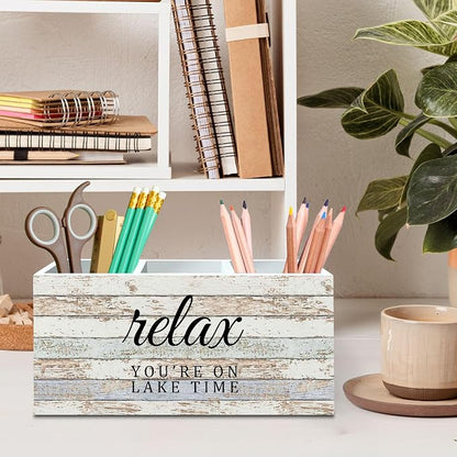 DILSJ Lake House Decor Pen Pencil Holder Organizer for Desk, Lake House Life Gifts for Women, Nautical Relax You're on Lake Time Wooden Box Signs for Home Office Desk Tabletop Decoration