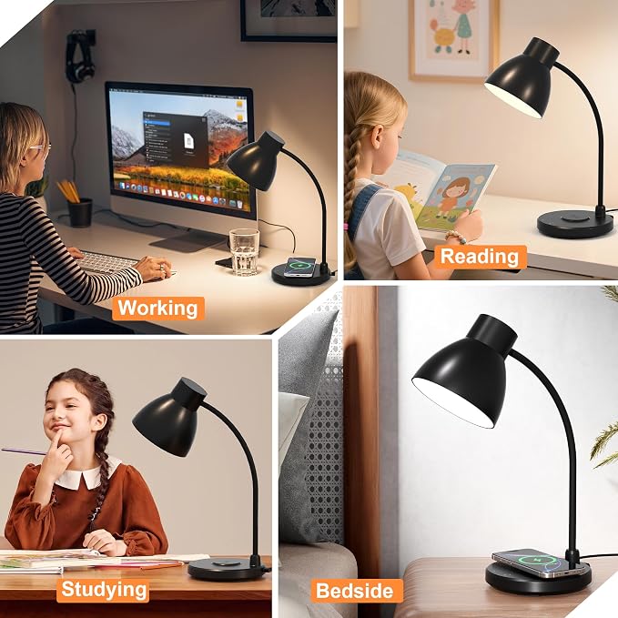 Desk Lamp with Wireless Charger, LED Desk Lamps for Home Office, 800 Lumens, Small Desk Lamp with Pen Holder, Flexible Arm, 3 Modes, Dimming, Touch Lamp for College Dorm Room