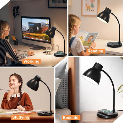 Desk Lamp with Wireless Charger, LED Desk Lamps for Home Office, 800 Lumens, Small Desk Lamp with Pen Holder, Flexible Arm, 3 Modes, Dimming, Touch Lamp for College Dorm Room
