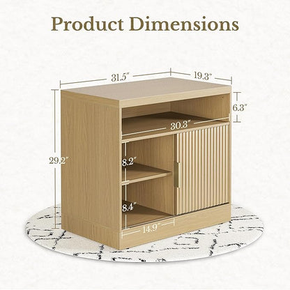 File Cabinet with Sliding Door, 32'' Fluted File Cabinet with Open Adjustable Shelves, Wood Filing Cabinet for Home Office, Light Walnut