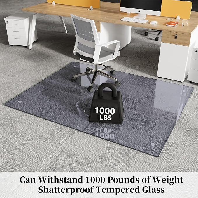 Glass Chair Mat 36" x 46" Heavy Duty Tempered Glass Office Chair Mat, Glass Floor Mat with Round Corner and Polished Edge for Smooth Glide, Office Chair Mat for Carpet, Hardwood Floor, Grey