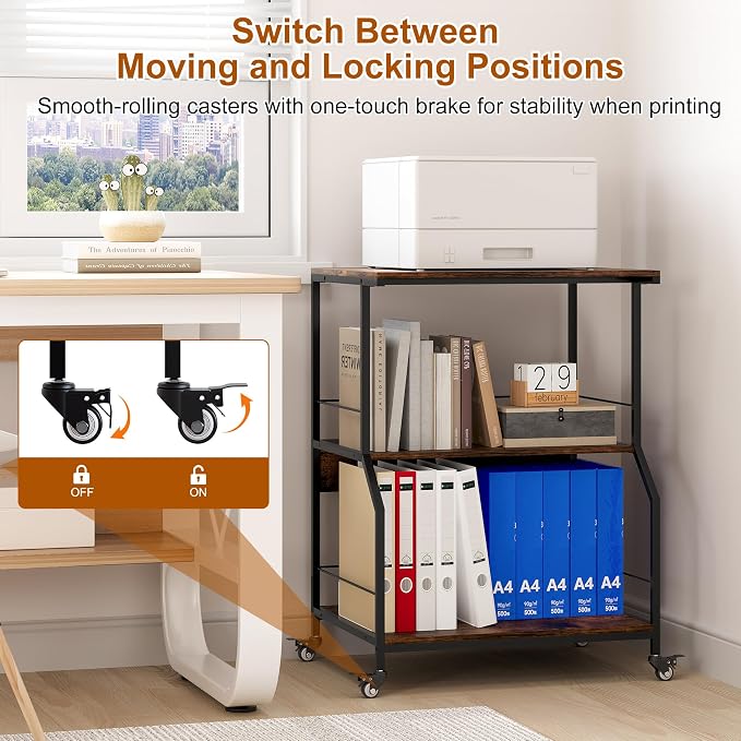 23.62 x 18.9” Large Printer Stand with Locking Wheels, 3 Tier Printer Table with Storage, Rolling Cart Station for Home Office Kitchen, Rustic Brown