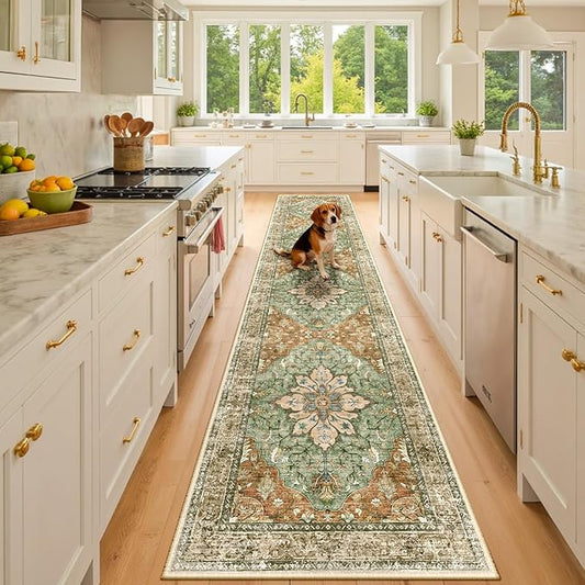RELEANY Area Rugs Runner 2'x10' Washable Non-Slip, Floral Vintage Distress Medallion Carpet for Kitchen Hallway Bedroom Beside Laundry Room Bathroom, Terracotta Burnt Orange Green