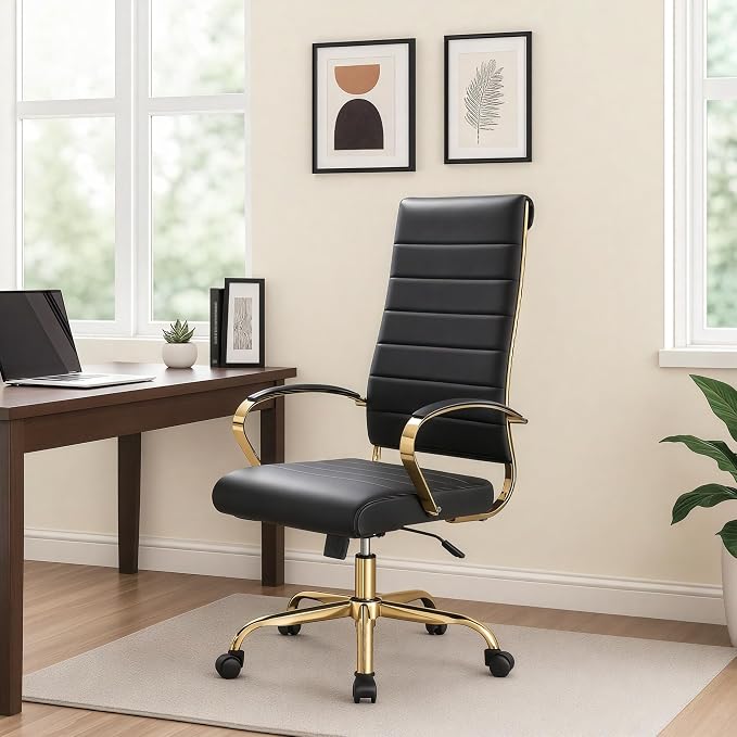 LeisureMod Modern High-Back Leather Office Chair - Swivel & Adjustable Executive Desk Chair with Gold Frame, Ergonomic Design for Home & Office (Black, Set of 6)
