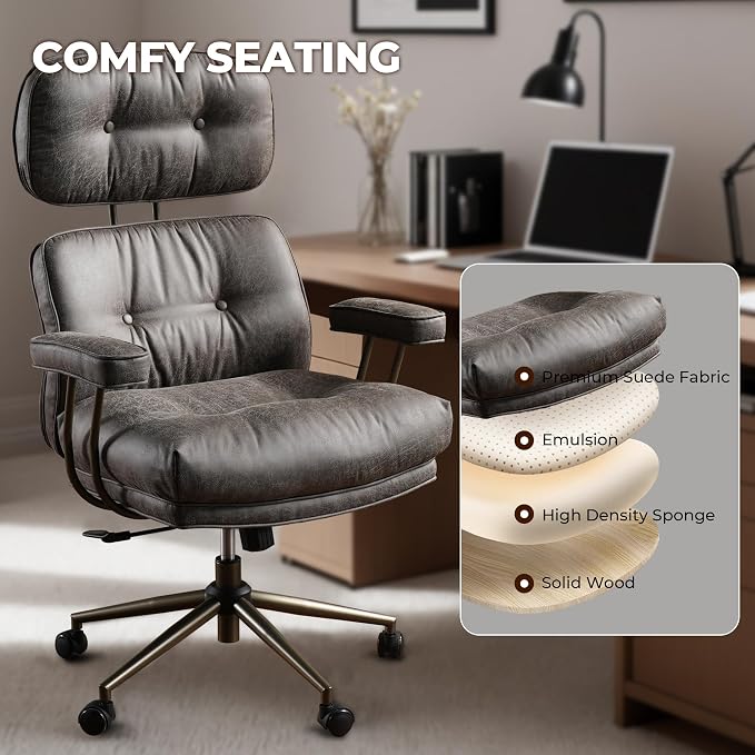Home Office Chair,Ergonomic Computer Chair with Lumbar Support Adjustable Height,Mid-Century Modern Office Chair with Rolling Swivel Chair for Home Office Game Study(Suede Leather Chair,Brown)