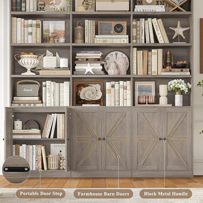 FACBOTALL 75" Triple Wide Bookshelf, Bookshelf and Bookcase with 6 Farmhouse Doors, 71" Wide 6 Tier Book Shelf with 18 Storage Shelves, Large Wooden Bookshelves, Tall Bookcase for Home Office, Gray