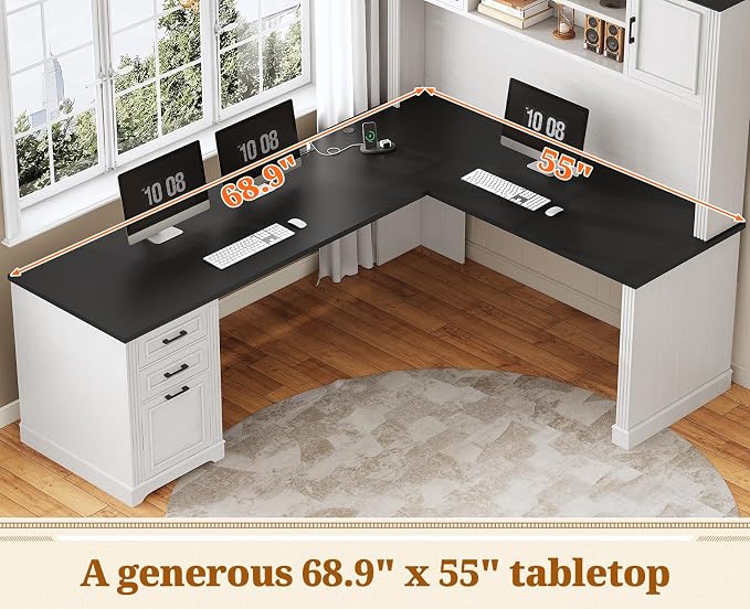 SEDETA Farmhouse L Shaped Desk with Hutch and 3 Drawers, 68.9" Executive Office Desk with File Drawer and Power Outlet, Corner Computer Desk with Storage Shelves for Home Office, White
