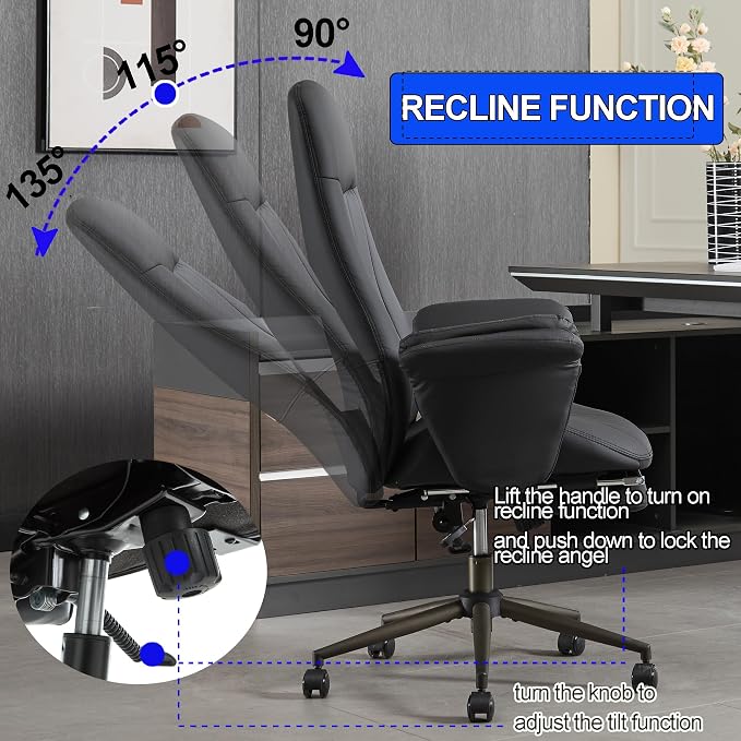 Home Office Desk Chair with Foot Rest, High Back Office Ergonomic Computer Chair with Lumbar Support Adjustable Height Rolling Swivel Chair Executive Task Armrests Black Leather