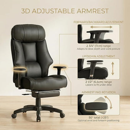 EXCEBET Big and Tall Office Chair 500lbs - 22.4" Extra Wide Seat Ergonomic Executive Chair, Heavy Duty High Back Leather Office Chair with Footrest, Lumbar Support & Adjustable Arm (All Black)