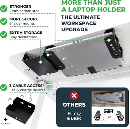 VI+AL Under Desk Laptop Mount - Hidden Metal Shelf with Side Storage - Installs with Tape & Screws - Fits Devices up to 1.7" Thick - Standard (No Hook or Cable Organizer)